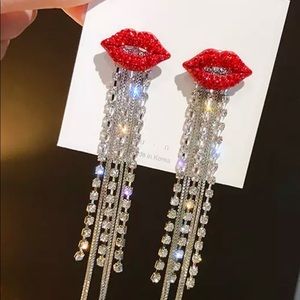 Crystal Red Lip Rhinestone Chain Earrings